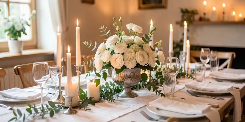Elegantní svatební výzdoba stolu s květinami a svíčkami